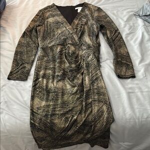 London Times Gold Black Sheath Dress with Ruched Wrap